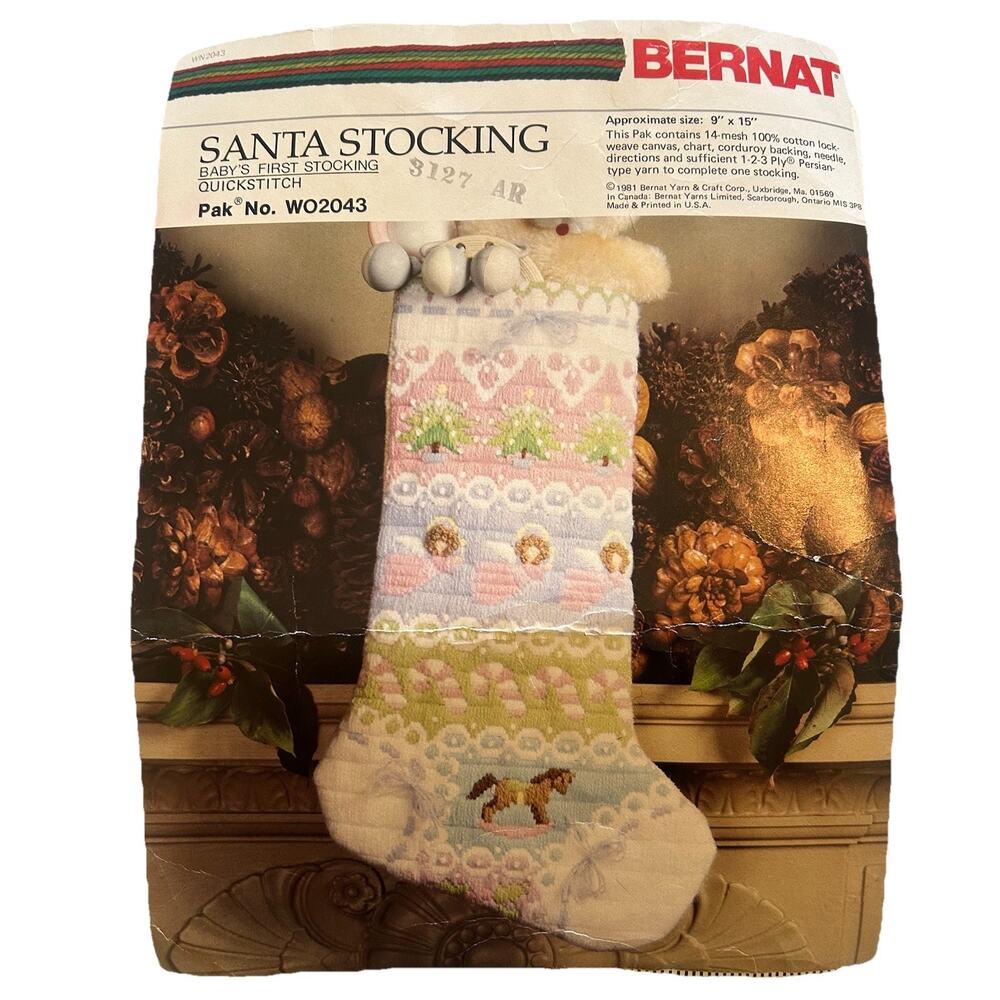 Vtg Bernat Baby's First Stocking Kit Quick Stitch 9x15 Pastel Christmas Stocking